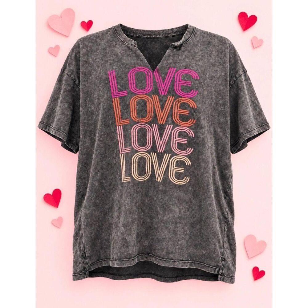 Maurices LOVE Graphic Tee Black Acid Wash Notch Neck Short Sleeve